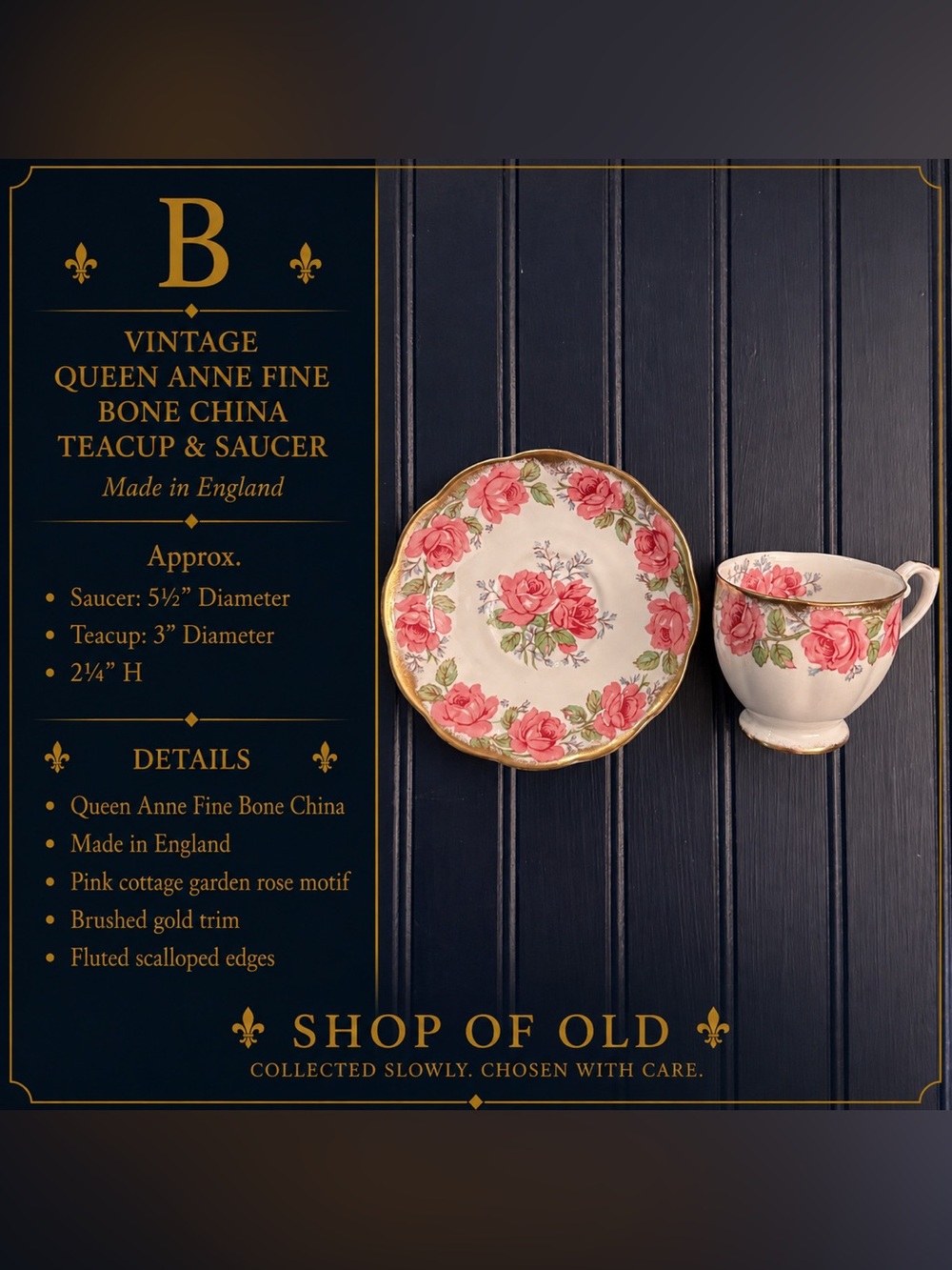 Vintage Queen Anne Fine Bone China Teacup & Saucer | Pink Rose Pattern